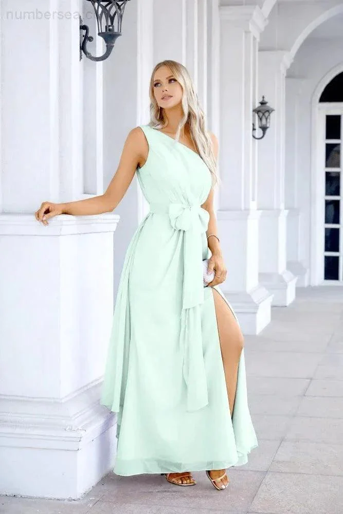 Ladies Chiffon One Shoulder Bridesmaid Evening Dress Wedding Party Evening Dress 28133 - Image 200