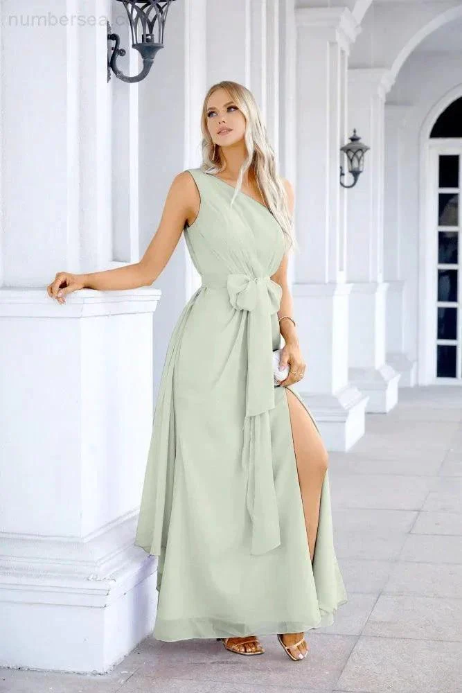 Ladies Chiffon One Shoulder Bridesmaid Evening Dress Wedding Party Evening Dress 28133 - Image 204