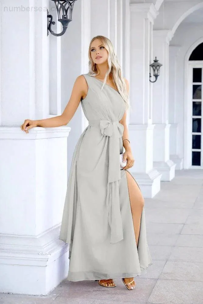 Ladies Chiffon One Shoulder Bridesmaid Evening Dress Wedding Party Evening Dress 28133 - Image 208