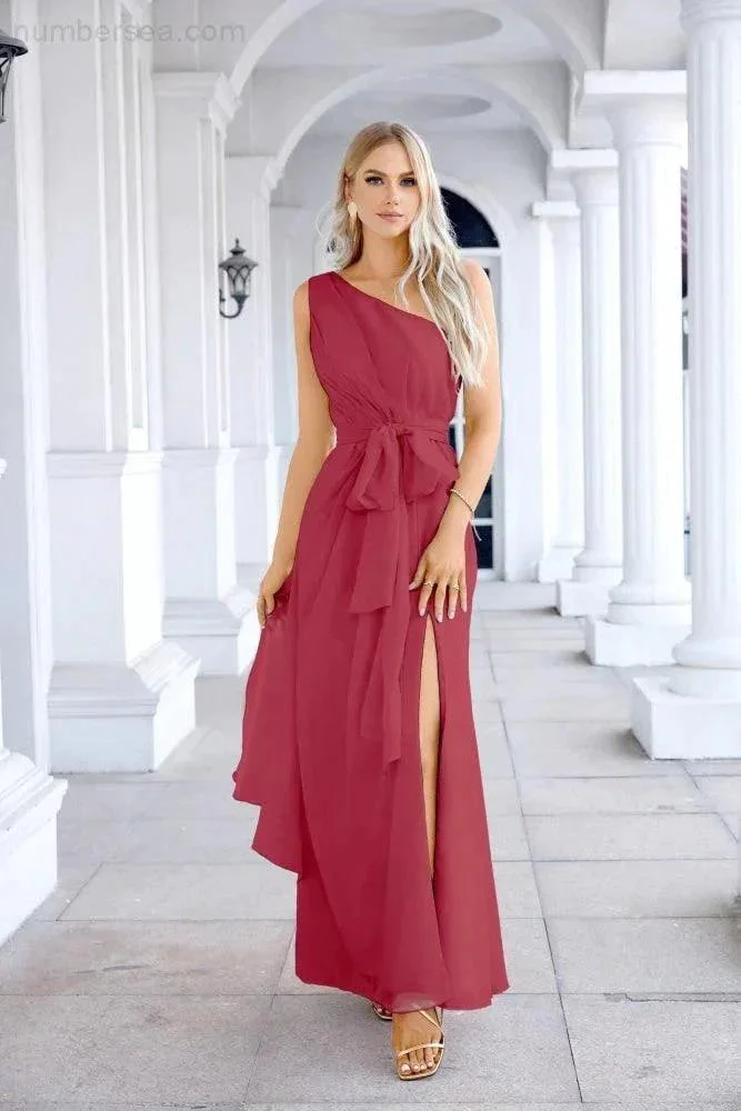 Ladies Chiffon One Shoulder Bridesmaid Evening Dress Wedding Party Evening Dress 28133 - Image 211