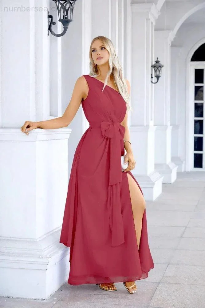 Ladies Chiffon One Shoulder Bridesmaid Evening Dress Wedding Party Evening Dress 28133 - Image 212