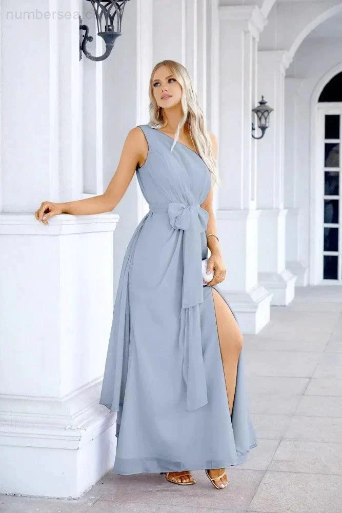 Ladies Chiffon One Shoulder Bridesmaid Evening Dress Wedding Party Evening Dress 28133 - Image 216