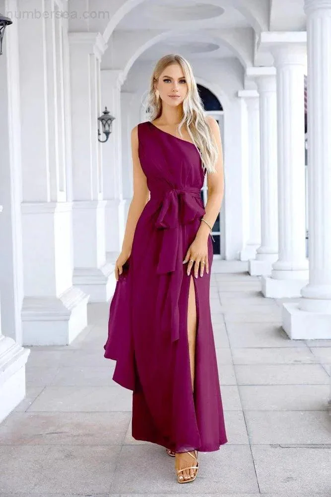 Ladies Chiffon One Shoulder Bridesmaid Evening Dress Wedding Party Evening Dress 28133 - Image 43