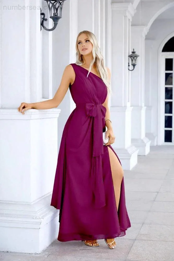 Ladies Chiffon One Shoulder Bridesmaid Evening Dress Wedding Party Evening Dress 28133 - Image 44