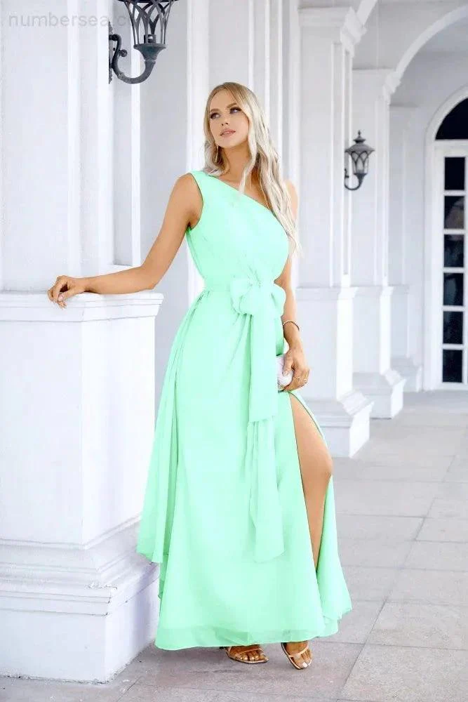 Ladies Chiffon One Shoulder Bridesmaid Evening Dress Wedding Party Evening Dress 28133 - Image 52
