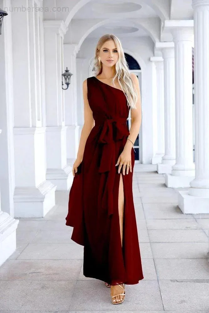 Ladies Chiffon One Shoulder Bridesmaid Evening Dress Wedding Party Evening Dress 28133 - Image 59