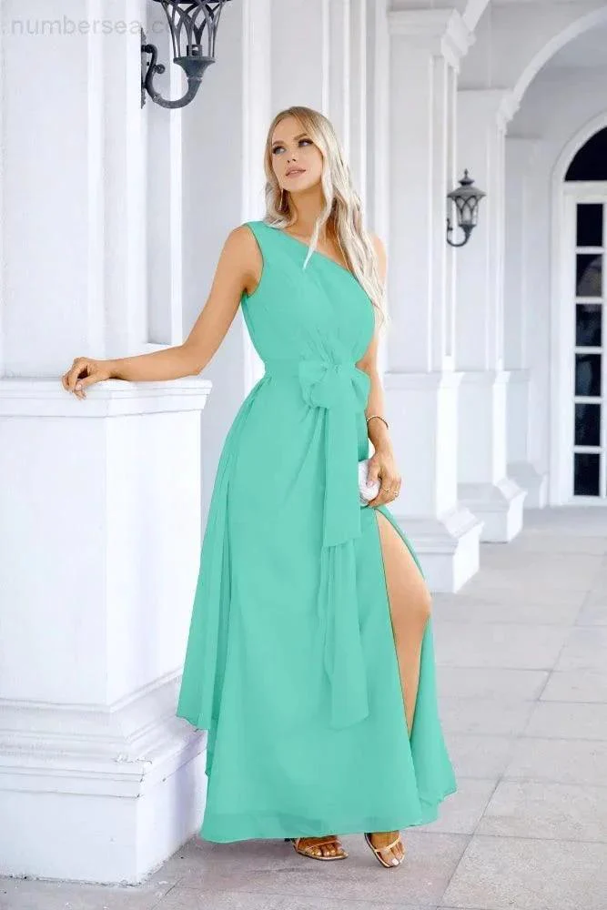 Ladies Chiffon One Shoulder Bridesmaid Evening Dress Wedding Party Evening Dress 28133 - Image 76