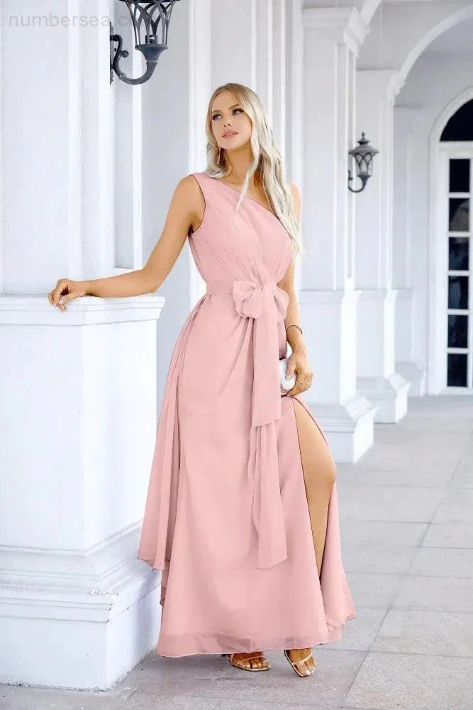 Ladies Chiffon One Shoulder Bridesmaid Evening Dress Wedding Party Evening Dress 28133 - Image 96