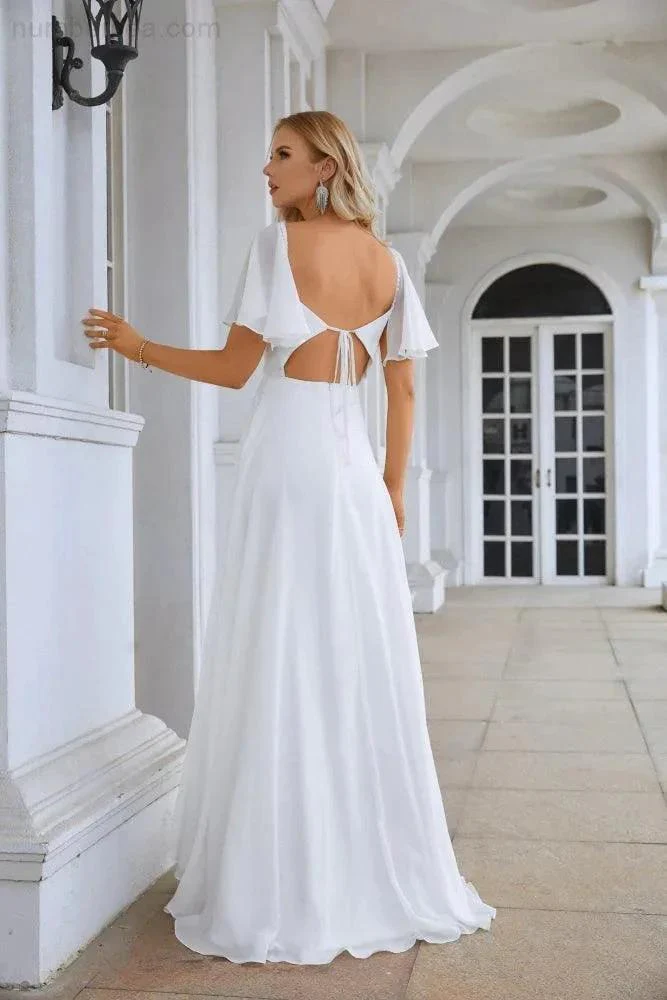 Ladies Chiffon Ruffle Sleeve Front Slit Bridesmaid Evening Dress Prom Wedding Party Evening Dress 28115 - Image 2