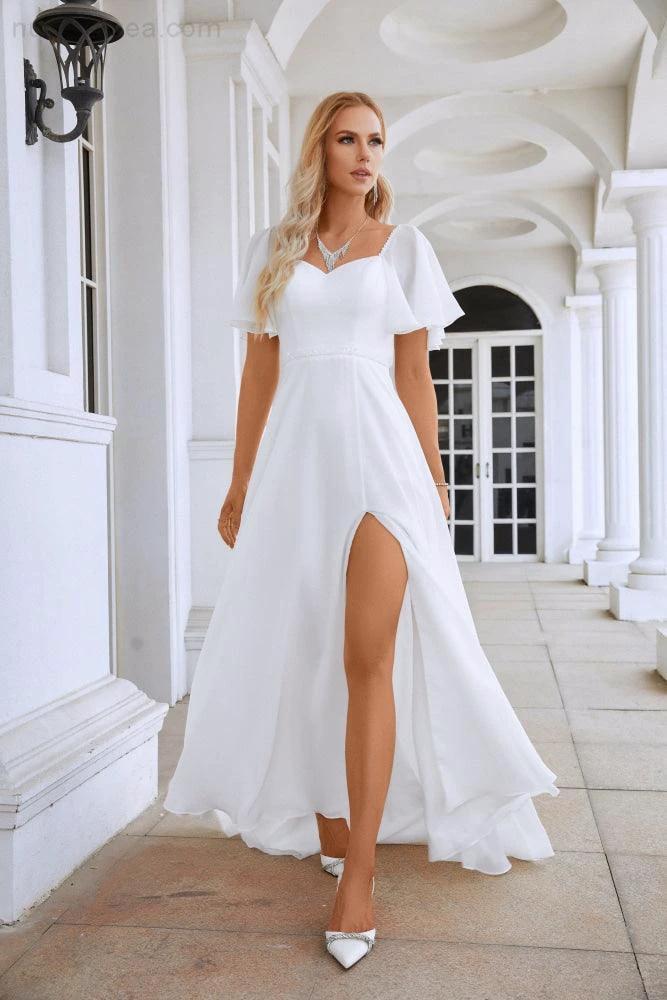 Ladies Chiffon Ruffle Sleeve Front Slit Bridesmaid Evening Dress Prom Wedding Party Evening Dress 28115 - Image 4
