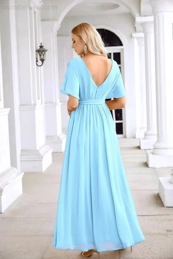 Ladies Chiffon Sleeve Crew Neck Front Slit Floor Length Bridesmaid Evening Dress Wedding Party Evening Dress 28124 - Image 10