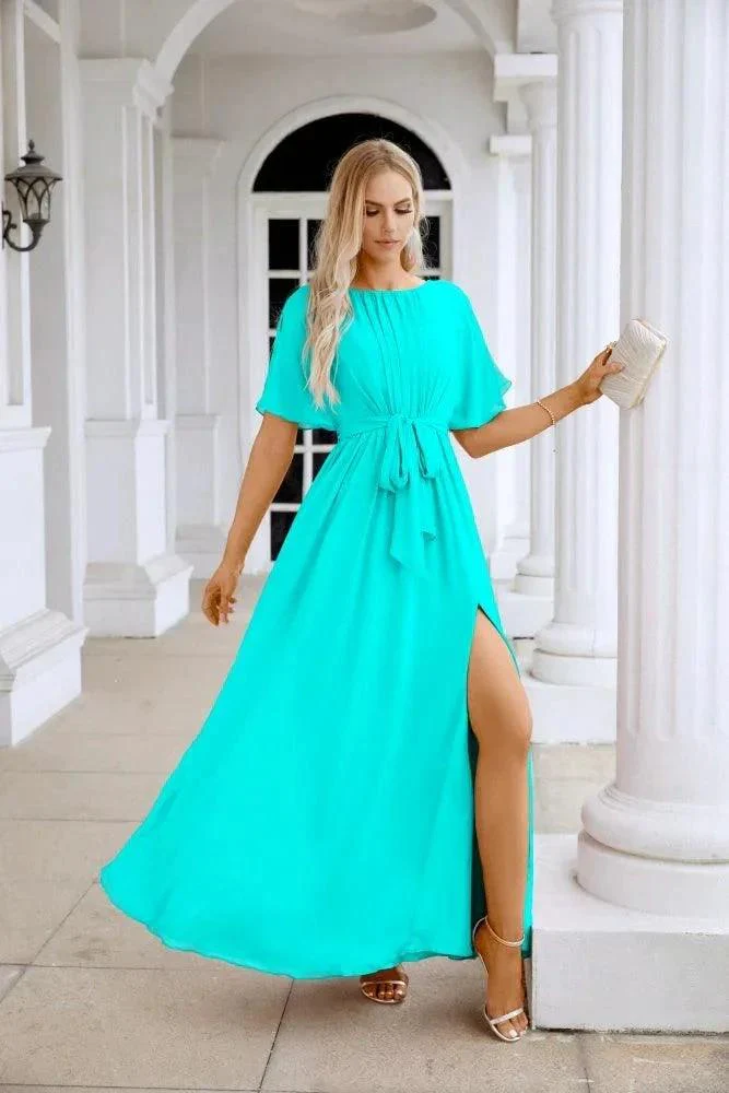 Ladies Chiffon Sleeve Crew Neck Front Slit Floor Length Bridesmaid Evening Dress Wedding Party Evening Dress 28124 - Image 101