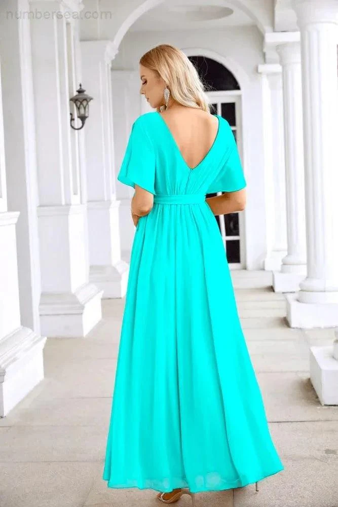 Ladies Chiffon Sleeve Crew Neck Front Slit Floor Length Bridesmaid Evening Dress Wedding Party Evening Dress 28124 - Image 102