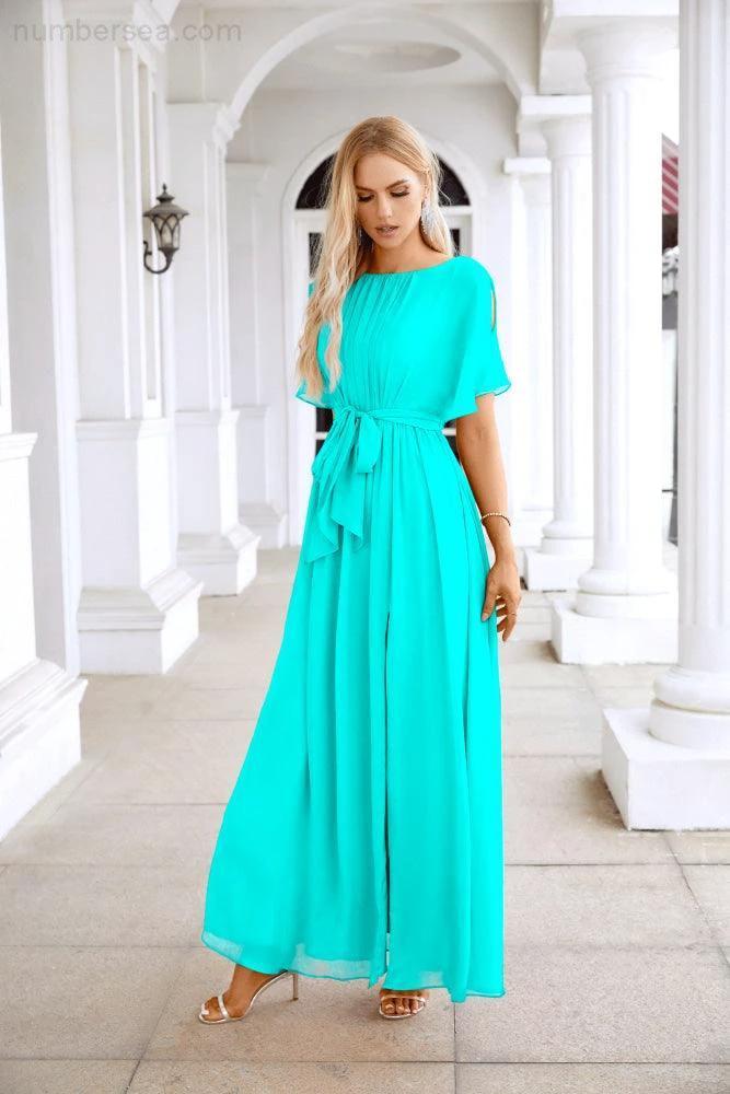 Ladies Chiffon Sleeve Crew Neck Front Slit Floor Length Bridesmaid Evening Dress Wedding Party Evening Dress 28124 - Image 103