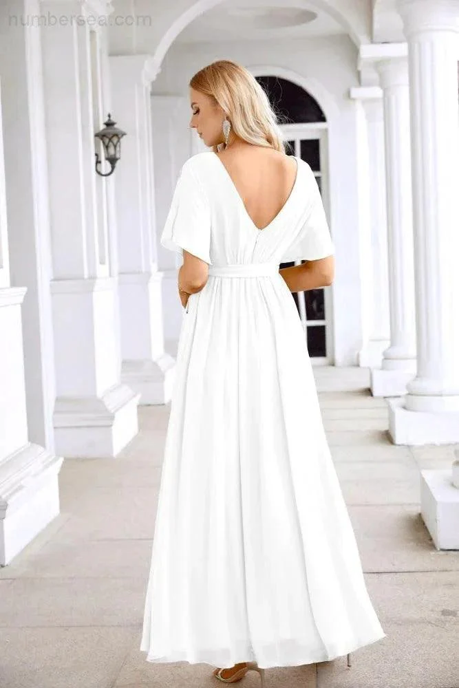 Ladies Chiffon Sleeve Crew Neck Front Slit Floor Length Bridesmaid Evening Dress Wedding Party Evening Dress 28124 - Image 106