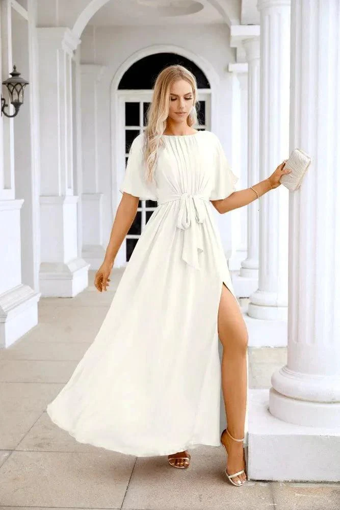 Ladies Chiffon Sleeve Crew Neck Front Slit Floor Length Bridesmaid Evening Dress Wedding Party Evening Dress 28124 - Image 109