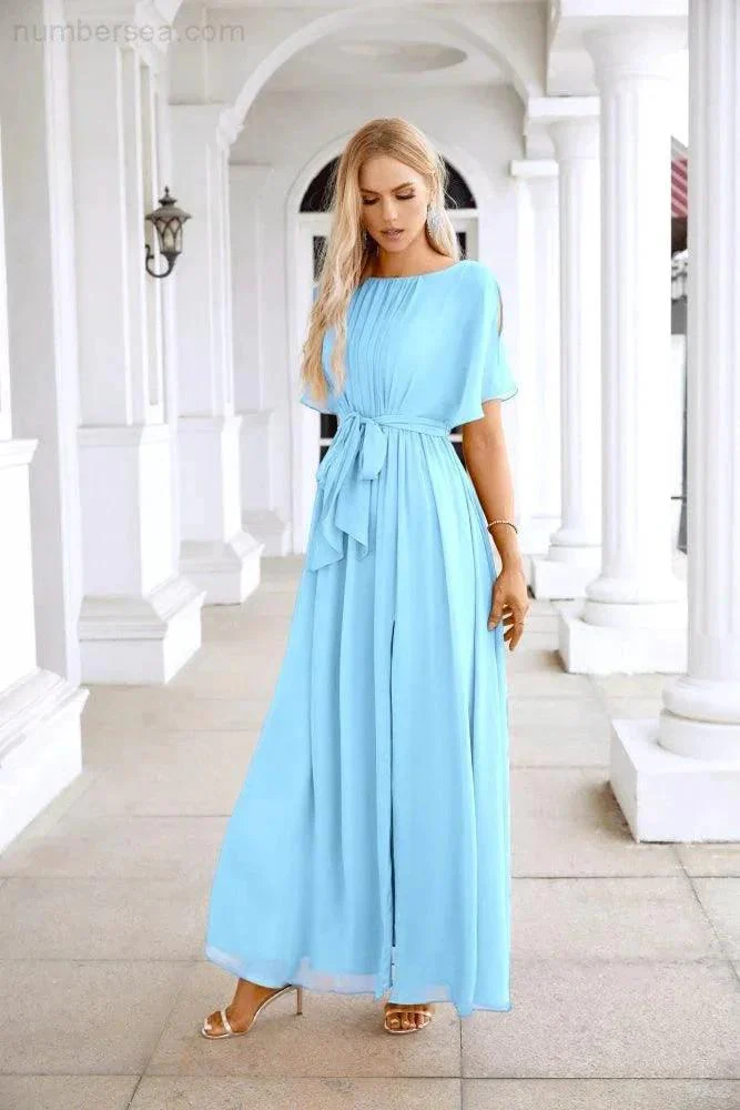 Ladies Chiffon Sleeve Crew Neck Front Slit Floor Length Bridesmaid Evening Dress Wedding Party Evening Dress 28124 - Image 11
