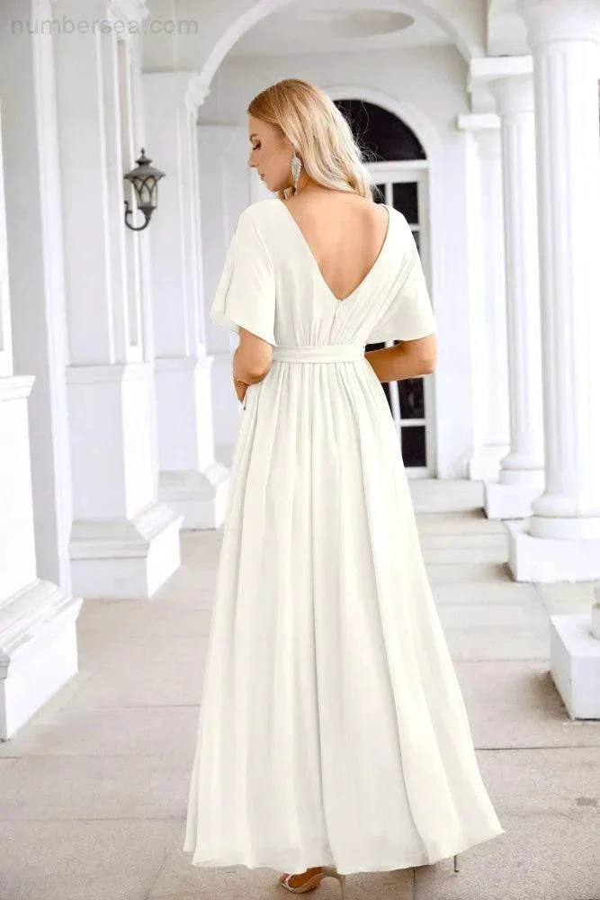 Ladies Chiffon Sleeve Crew Neck Front Slit Floor Length Bridesmaid Evening Dress Wedding Party Evening Dress 28124 - Image 110
