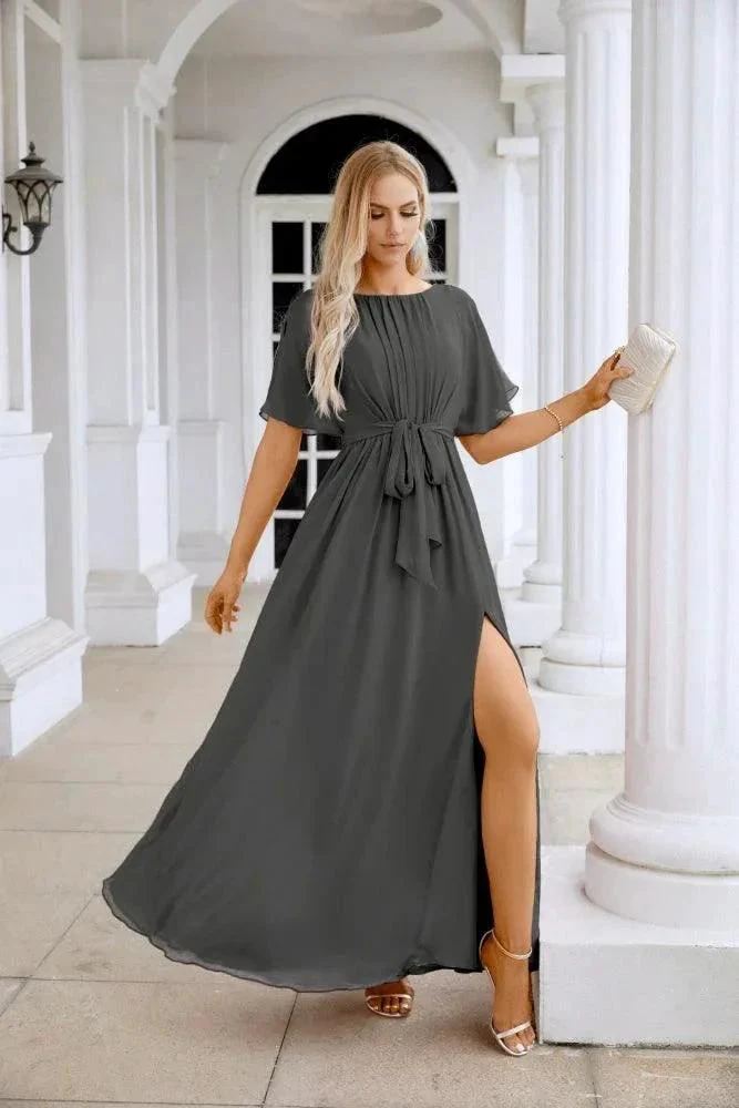 Ladies Chiffon Sleeve Crew Neck Front Slit Floor Length Bridesmaid Evening Dress Wedding Party Evening Dress 28124 - Image 113