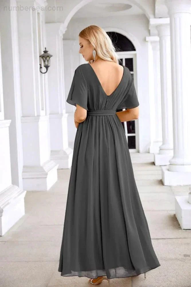 Ladies Chiffon Sleeve Crew Neck Front Slit Floor Length Bridesmaid Evening Dress Wedding Party Evening Dress 28124 - Image 114