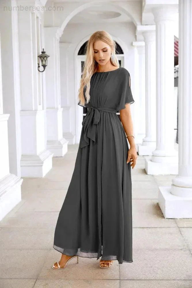Ladies Chiffon Sleeve Crew Neck Front Slit Floor Length Bridesmaid Evening Dress Wedding Party Evening Dress 28124 - Image 115