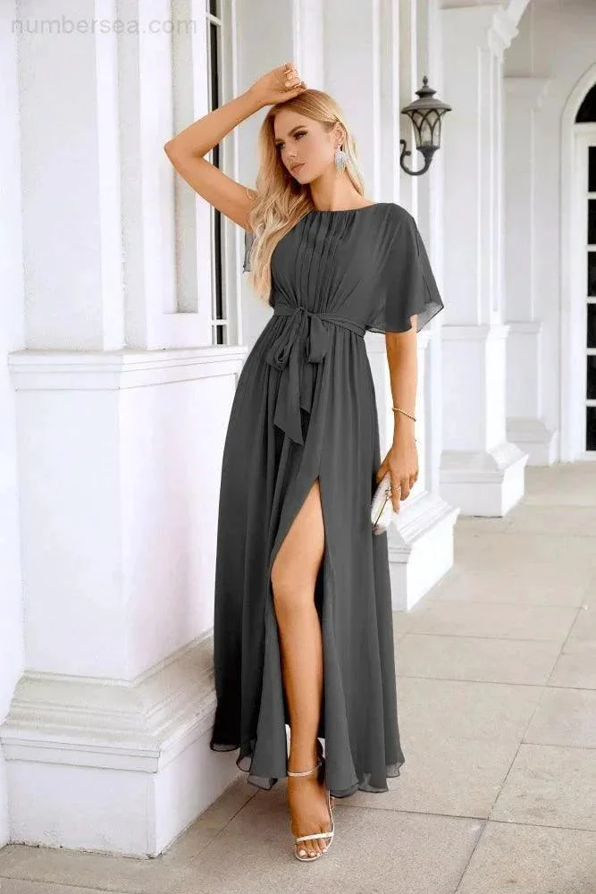 Ladies Chiffon Sleeve Crew Neck Front Slit Floor Length Bridesmaid Evening Dress Wedding Party Evening Dress 28124 - Image 116