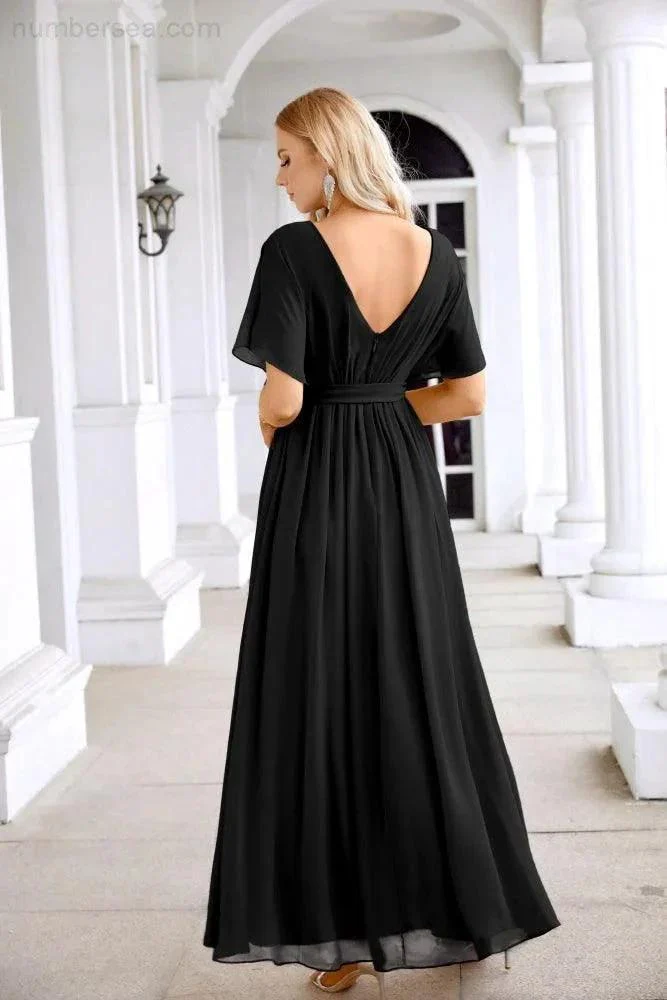Ladies Chiffon Sleeve Crew Neck Front Slit Floor Length Bridesmaid Evening Dress Wedding Party Evening Dress 28124 - Image 118