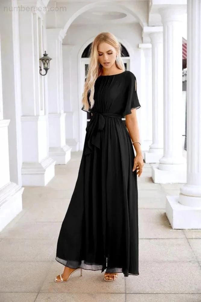 Ladies Chiffon Sleeve Crew Neck Front Slit Floor Length Bridesmaid Evening Dress Wedding Party Evening Dress 28124 - Image 119