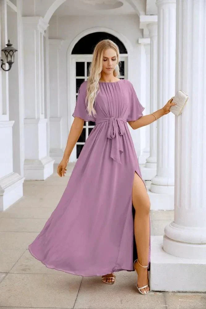 Ladies Chiffon Sleeve Crew Neck Front Slit Floor Length Bridesmaid Evening Dress Wedding Party Evening Dress 28124 - Image 121