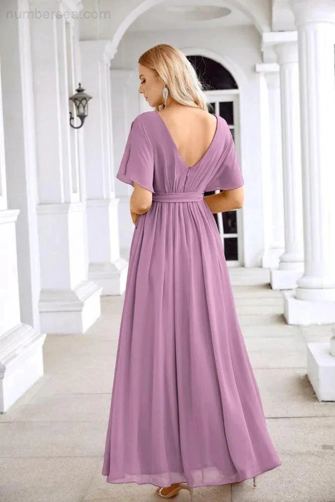 Ladies Chiffon Sleeve Crew Neck Front Slit Floor Length Bridesmaid Evening Dress Wedding Party Evening Dress 28124 - Image 122