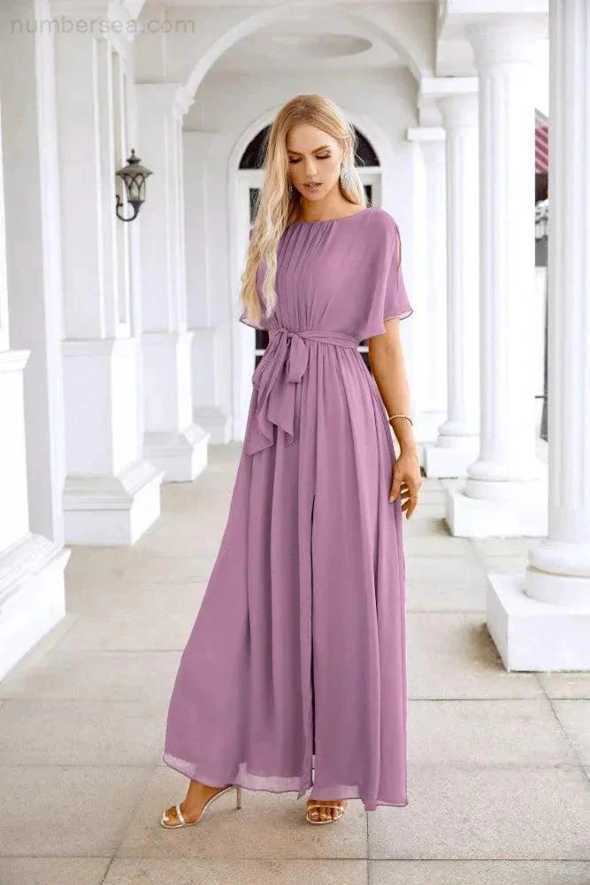 Ladies Chiffon Sleeve Crew Neck Front Slit Floor Length Bridesmaid Evening Dress Wedding Party Evening Dress 28124 - Image 123