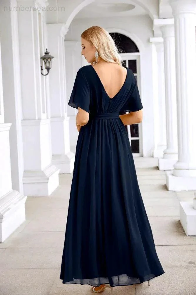 Ladies Chiffon Sleeve Crew Neck Front Slit Floor Length Bridesmaid Evening Dress Wedding Party Evening Dress 28124 - Image 126