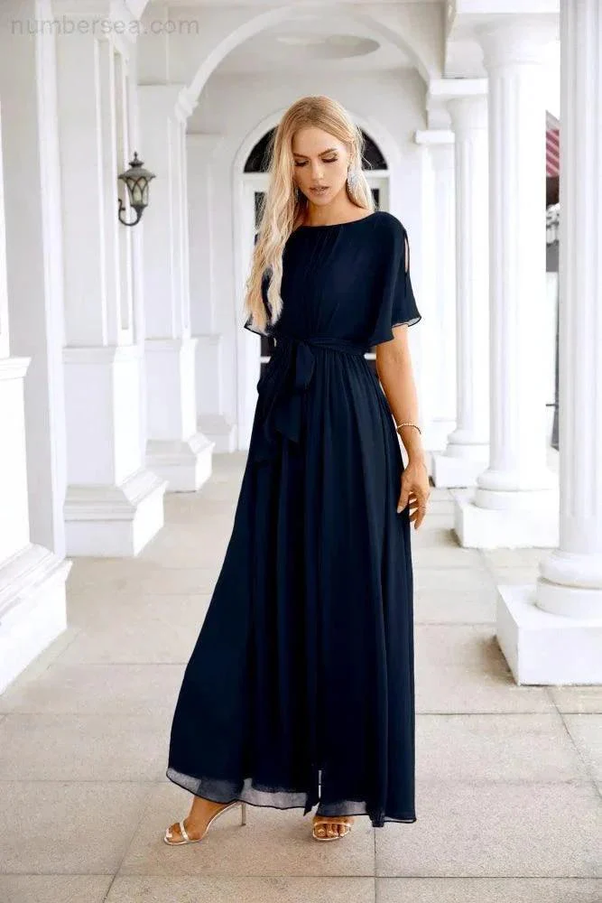Ladies Chiffon Sleeve Crew Neck Front Slit Floor Length Bridesmaid Evening Dress Wedding Party Evening Dress 28124 - Image 127