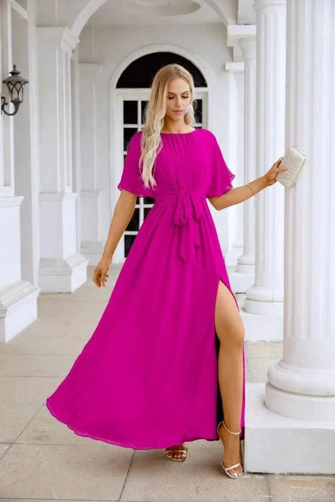 Ladies Chiffon Sleeve Crew Neck Front Slit Floor Length Bridesmaid Evening Dress Wedding Party Evening Dress 28124 - Image 129
