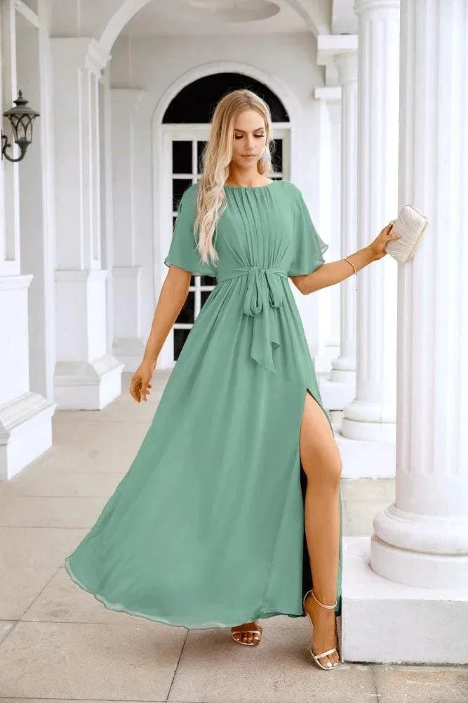 Ladies Chiffon Sleeve Crew Neck Front Slit Floor Length Bridesmaid Evening Dress Wedding Party Evening Dress 28124 - Image 13