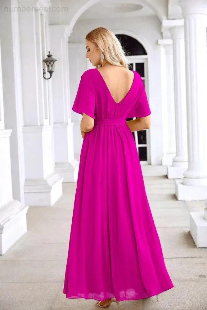 Ladies Chiffon Sleeve Crew Neck Front Slit Floor Length Bridesmaid Evening Dress Wedding Party Evening Dress 28124 - Image 130