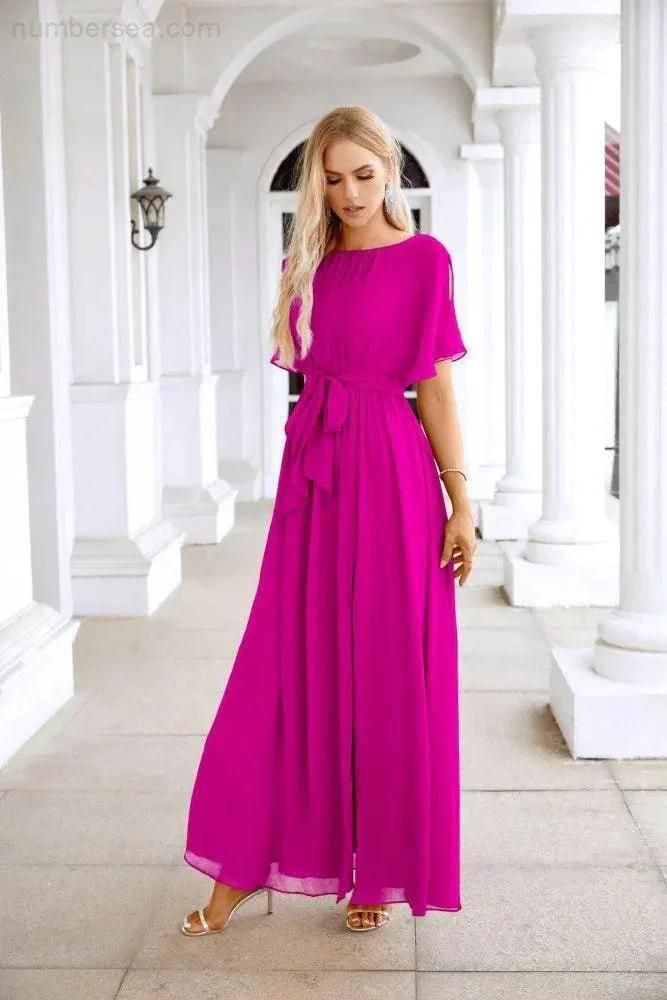 Ladies Chiffon Sleeve Crew Neck Front Slit Floor Length Bridesmaid Evening Dress Wedding Party Evening Dress 28124 - Image 131