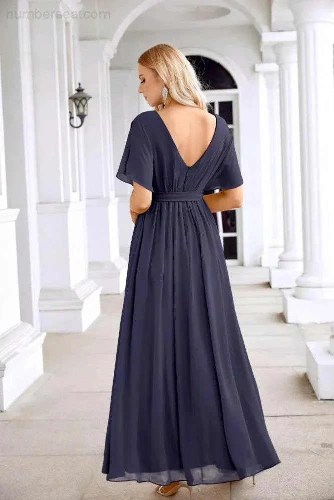 Ladies Chiffon Sleeve Crew Neck Front Slit Floor Length Bridesmaid Evening Dress Wedding Party Evening Dress 28124 - Image 134