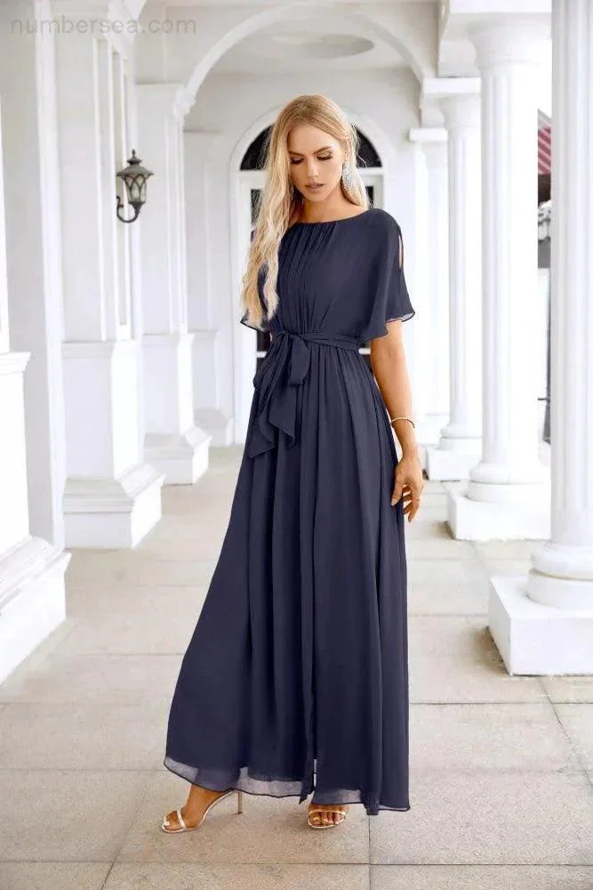 Ladies Chiffon Sleeve Crew Neck Front Slit Floor Length Bridesmaid Evening Dress Wedding Party Evening Dress 28124 - Image 135