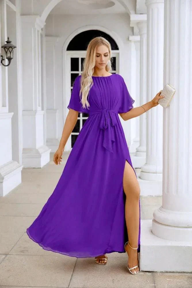 Ladies Chiffon Sleeve Crew Neck Front Slit Floor Length Bridesmaid Evening Dress Wedding Party Evening Dress 28124 - Image 137