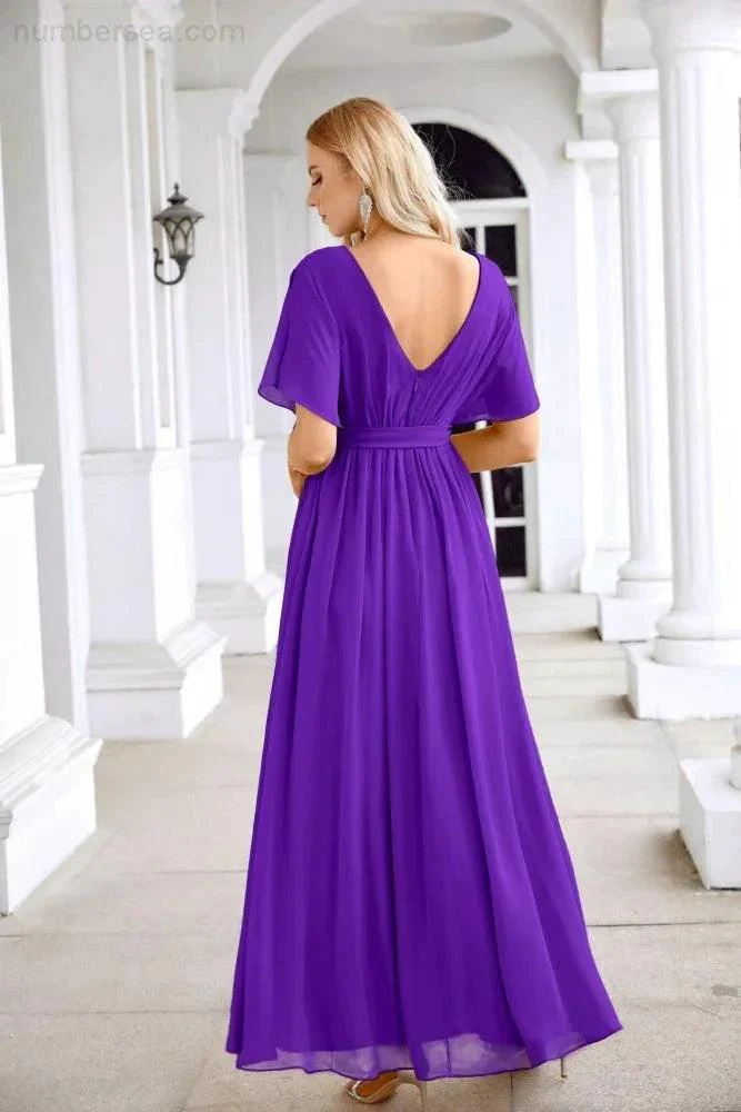 Ladies Chiffon Sleeve Crew Neck Front Slit Floor Length Bridesmaid Evening Dress Wedding Party Evening Dress 28124 - Image 138