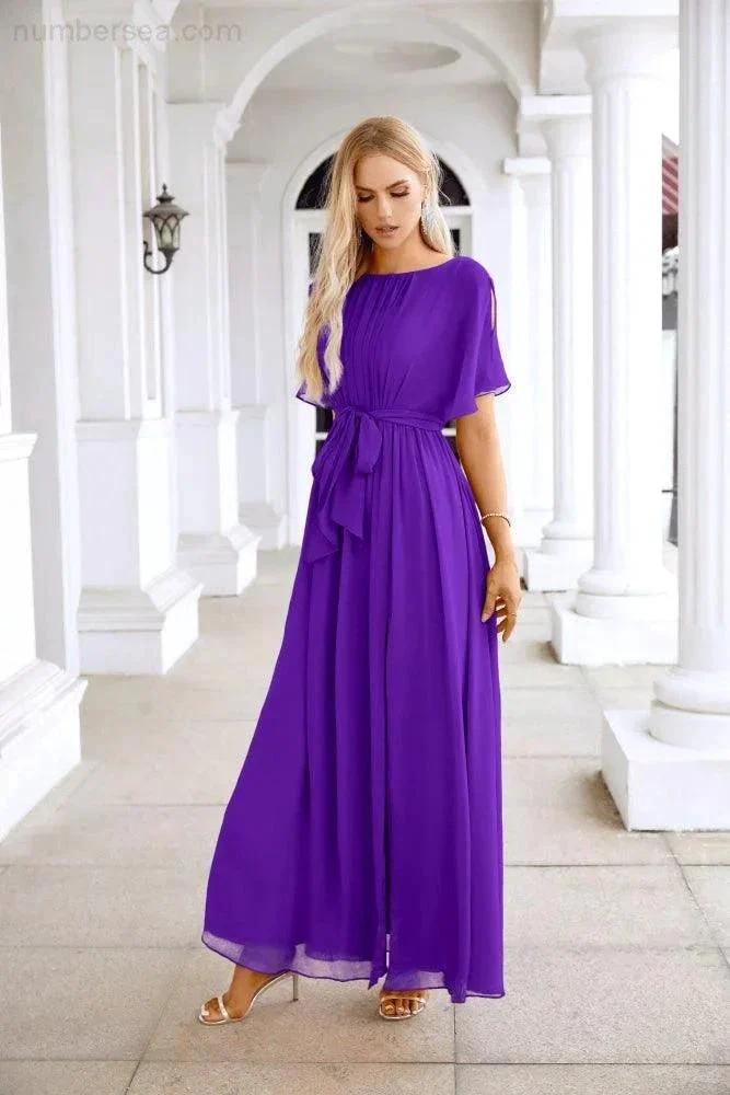 Ladies Chiffon Sleeve Crew Neck Front Slit Floor Length Bridesmaid Evening Dress Wedding Party Evening Dress 28124 - Image 139