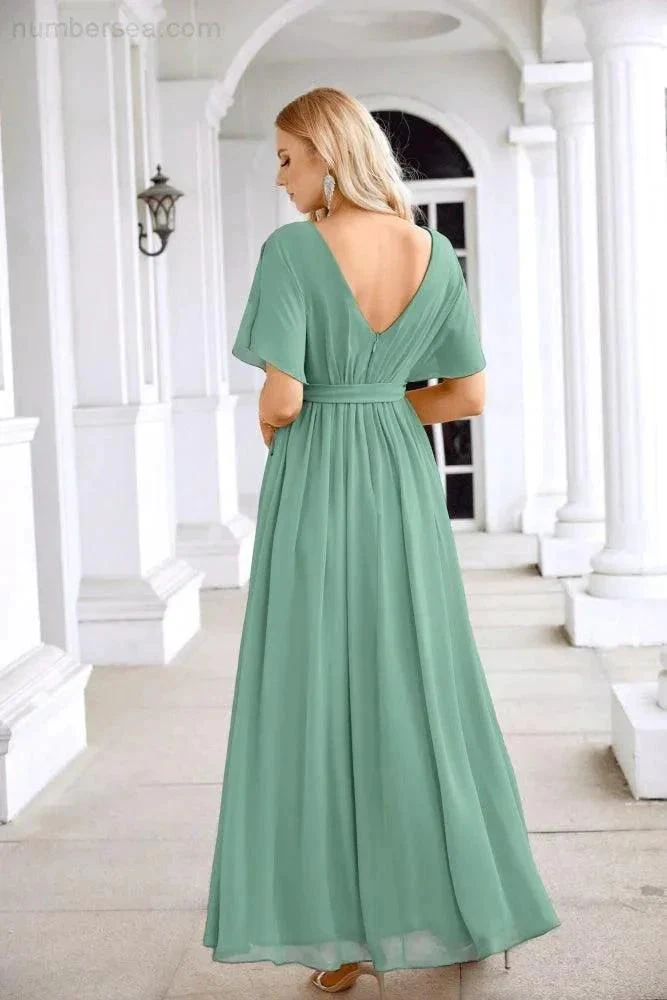Ladies Chiffon Sleeve Crew Neck Front Slit Floor Length Bridesmaid Evening Dress Wedding Party Evening Dress 28124 - Image 14
