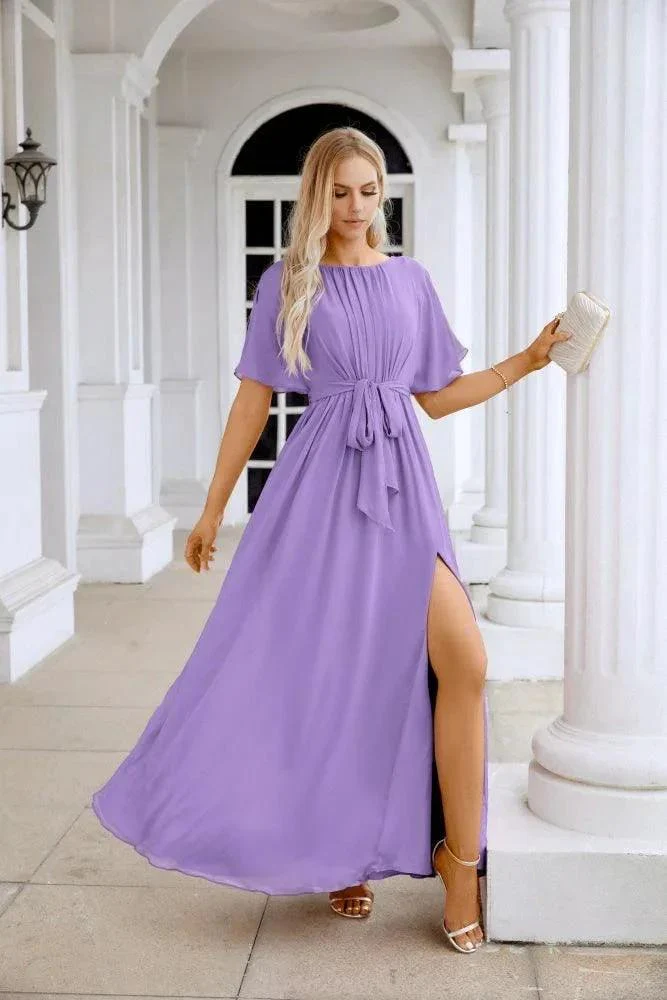 Ladies Chiffon Sleeve Crew Neck Front Slit Floor Length Bridesmaid Evening Dress Wedding Party Evening Dress 28124 - Image 141