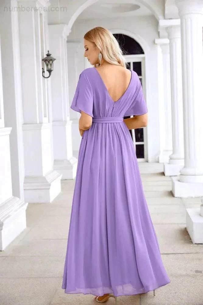 Ladies Chiffon Sleeve Crew Neck Front Slit Floor Length Bridesmaid Evening Dress Wedding Party Evening Dress 28124 - Image 142