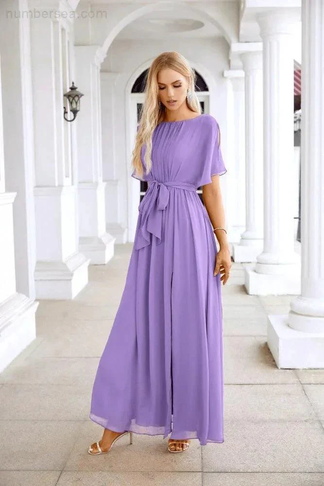 Ladies Chiffon Sleeve Crew Neck Front Slit Floor Length Bridesmaid Evening Dress Wedding Party Evening Dress 28124 - Image 143