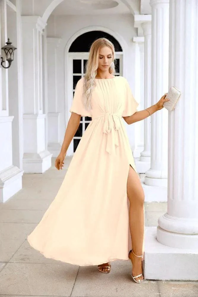 Ladies Chiffon Sleeve Crew Neck Front Slit Floor Length Bridesmaid Evening Dress Wedding Party Evening Dress 28124 - Image 145