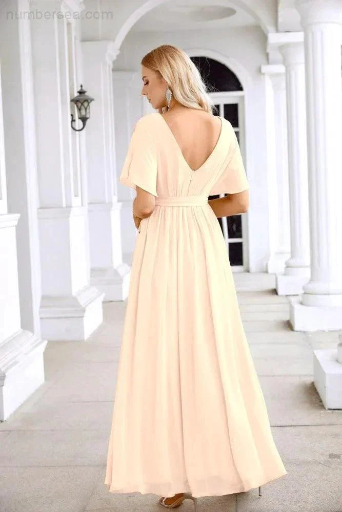 Ladies Chiffon Sleeve Crew Neck Front Slit Floor Length Bridesmaid Evening Dress Wedding Party Evening Dress 28124 - Image 146