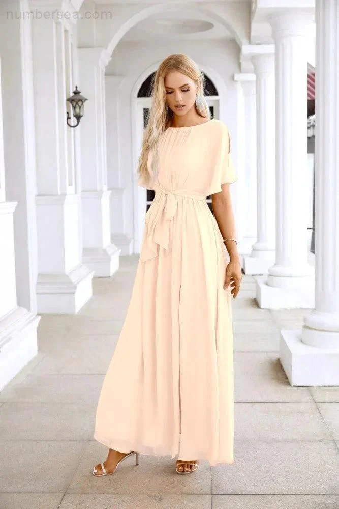 Ladies Chiffon Sleeve Crew Neck Front Slit Floor Length Bridesmaid Evening Dress Wedding Party Evening Dress 28124 - Image 147