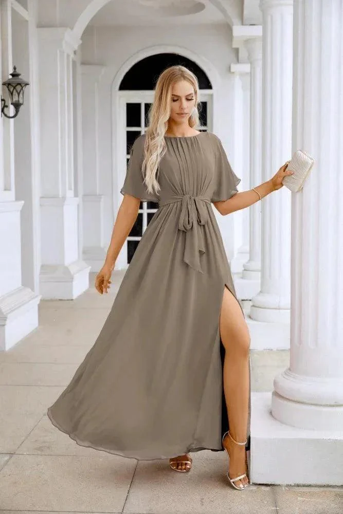 Ladies Chiffon Sleeve Crew Neck Front Slit Floor Length Bridesmaid Evening Dress Wedding Party Evening Dress 28124 - Image 149